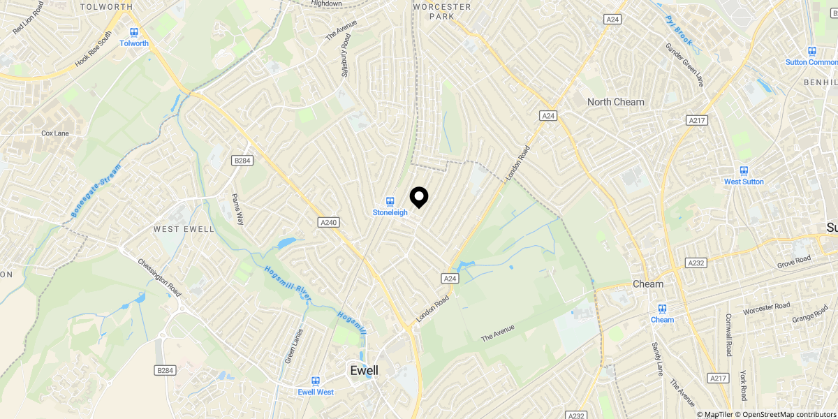 Approximate location of Stoneleigh Broadway, Epsom, KT17 2JA