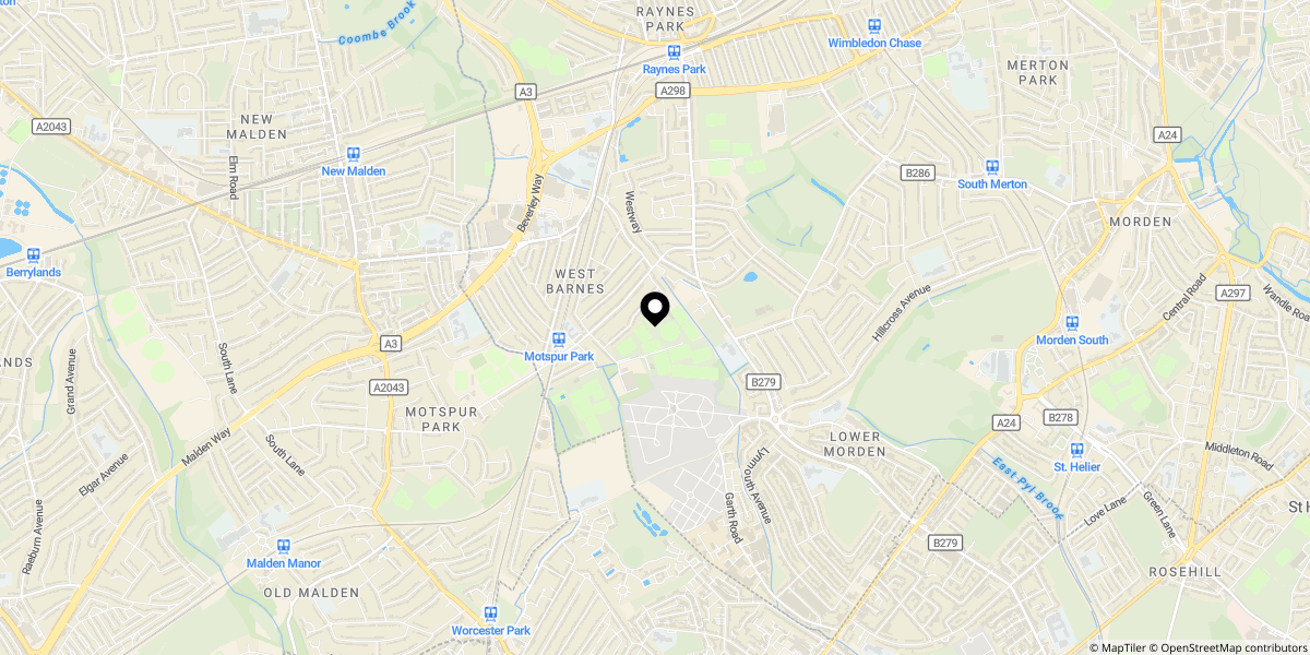 Approximate location of Tennyson Avenue, Motspur Park, KT3 6NA
